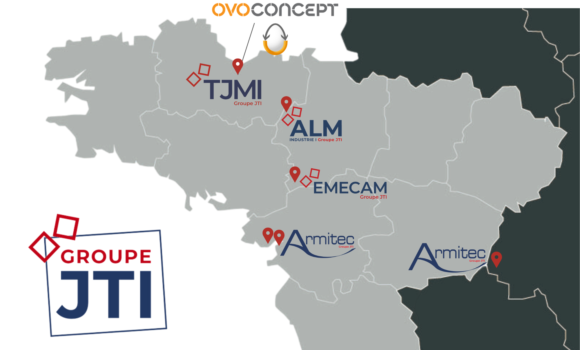 carte des sociétés du groupe JTI : TJMI, EMECAM, ALM Industrie, ARMITEC, OVOCONCEPT